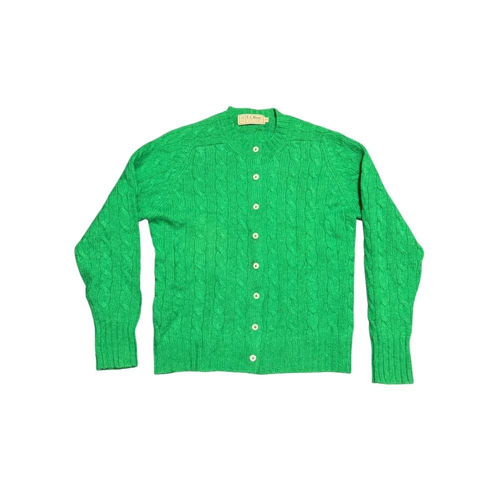 Vintage LL Bean Shetland Wool Cable Knit Cardigan Sweater Green Womens 44
